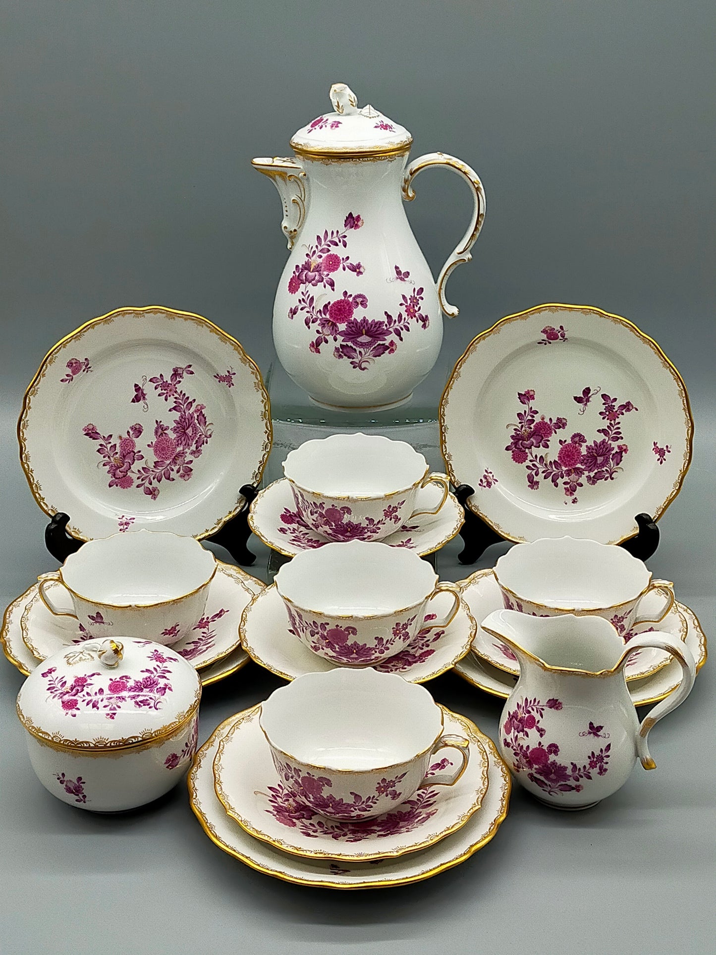 Seltenes Meissen Kaffeeservice Purpur Rose Reich Vergoldet für 5 Personen