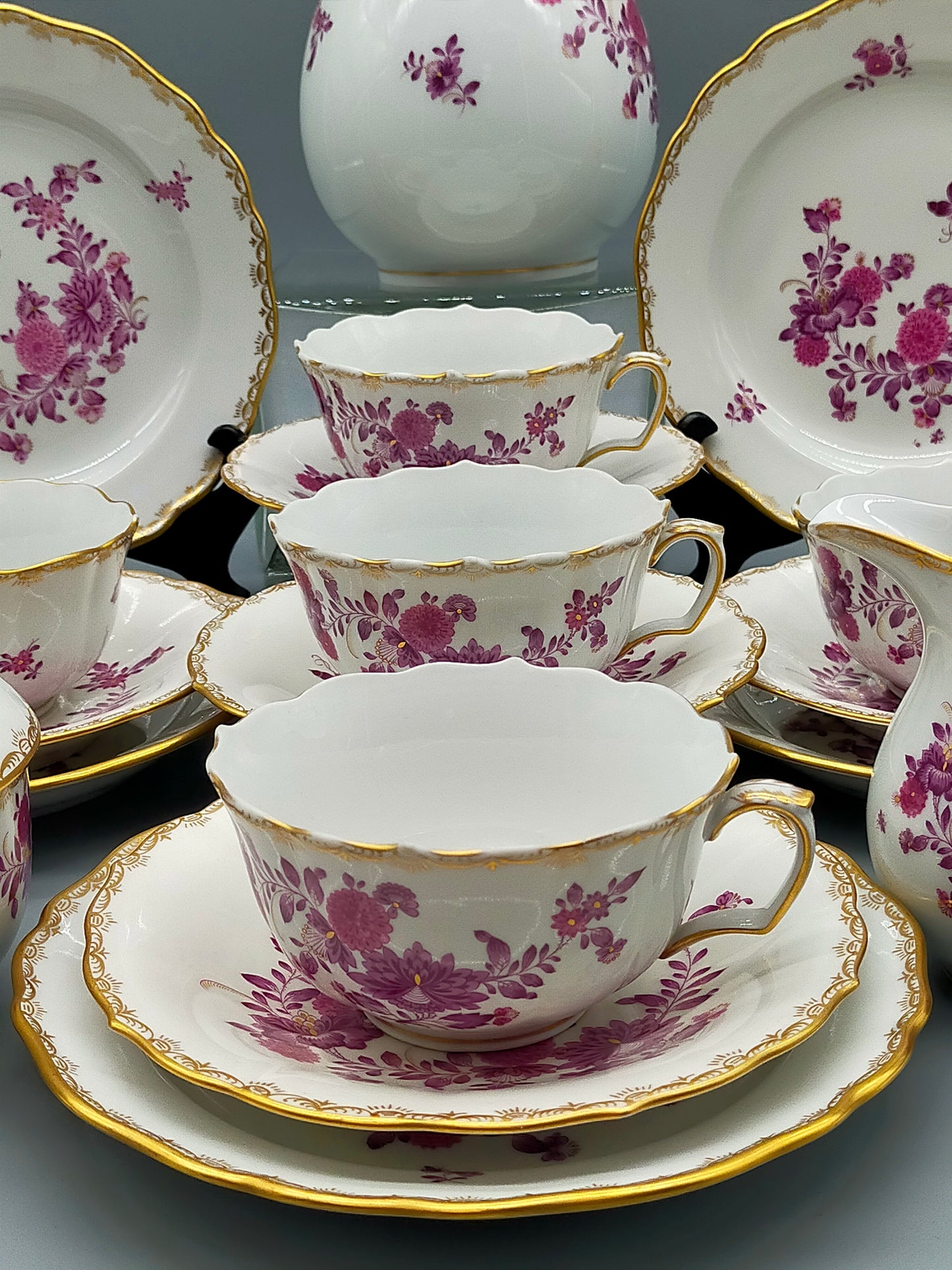 Seltenes Meissen Kaffeeservice Purpur Rose Reich Vergoldet für 5 Personen