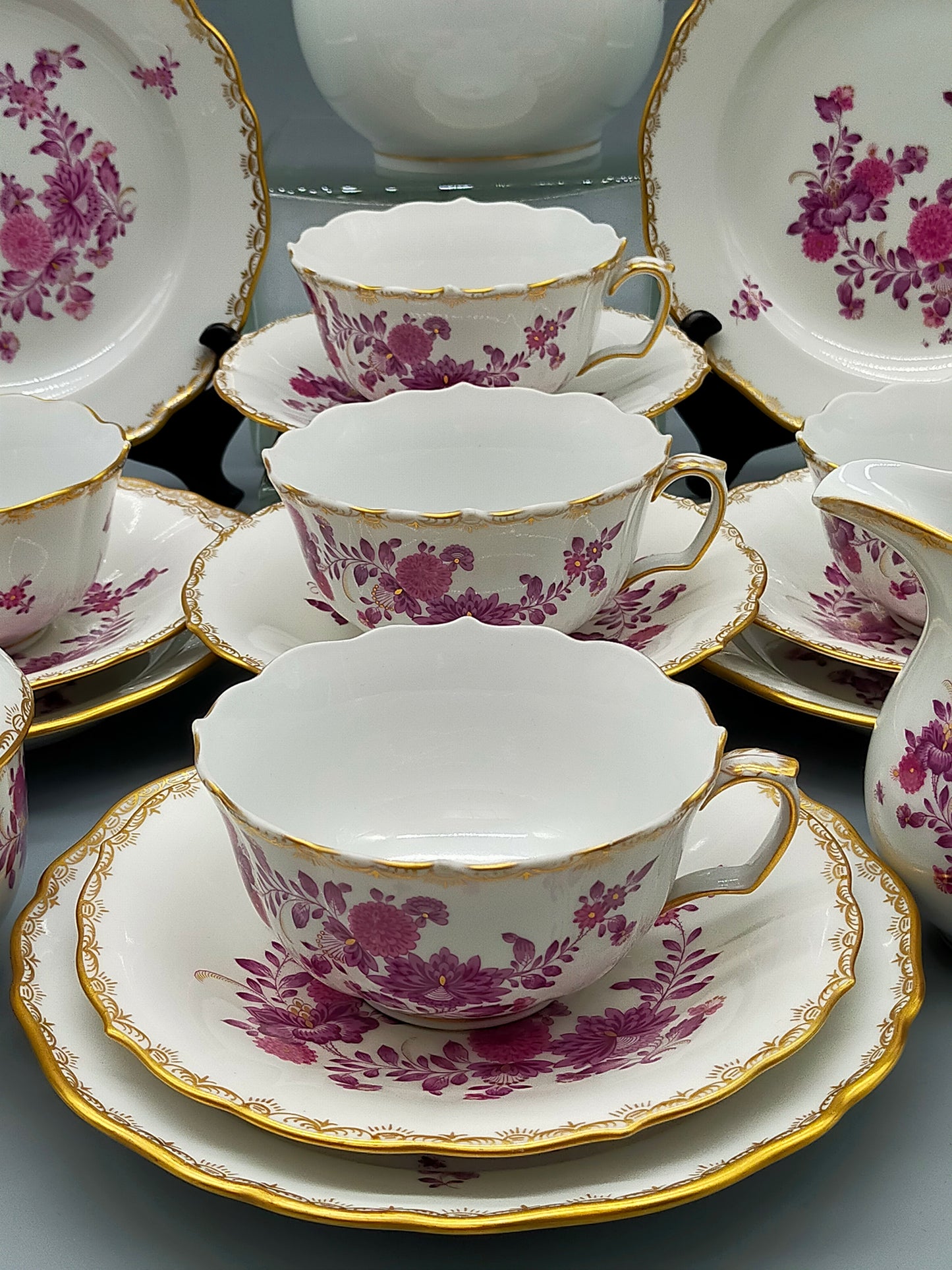Seltenes Meissen Kaffeeservice Purpur Rose Reich Vergoldet für 5 Personen