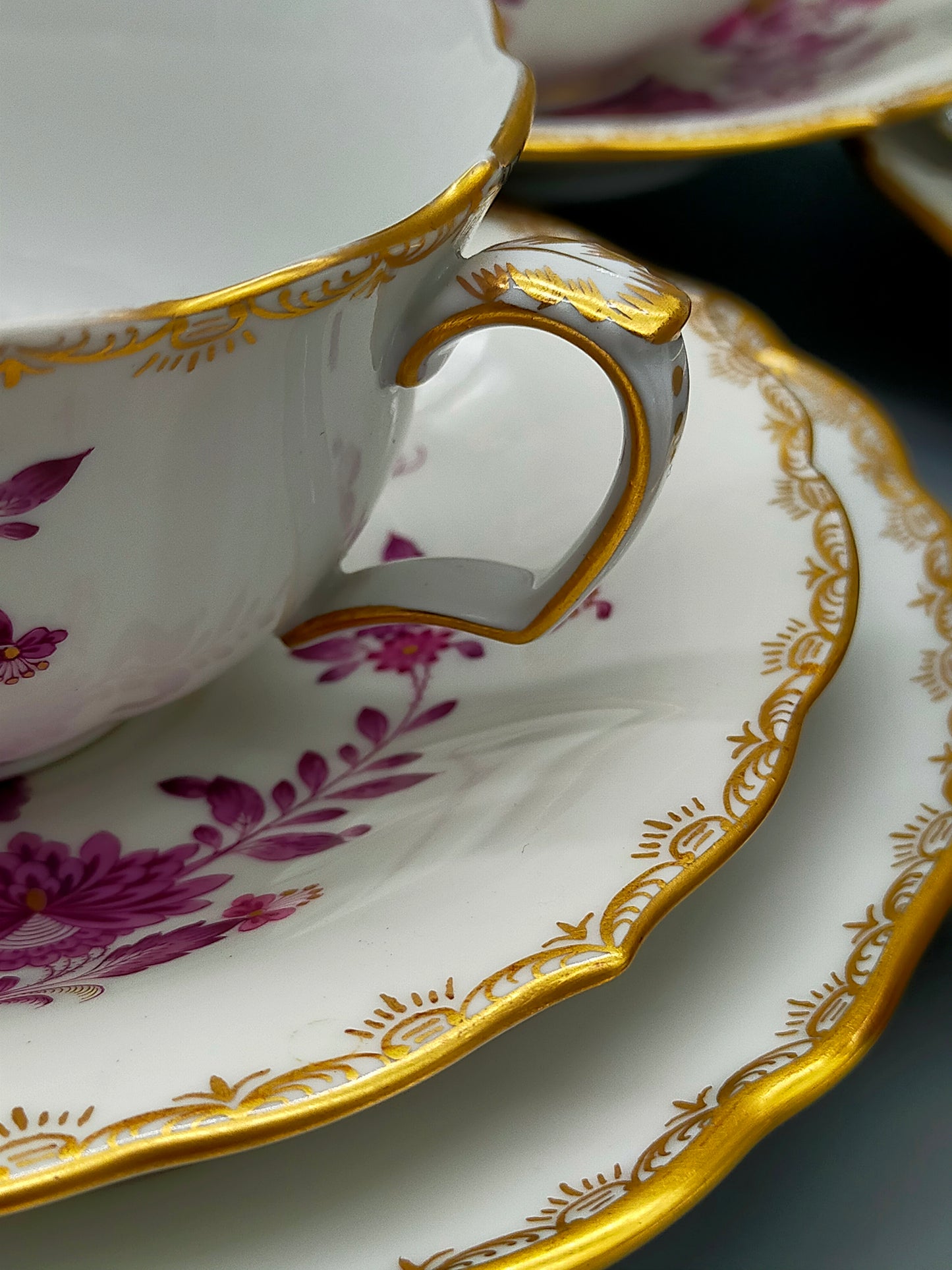 Seltenes Meissen Kaffeeservice Purpur Rose Reich Vergoldet für 5 Personen