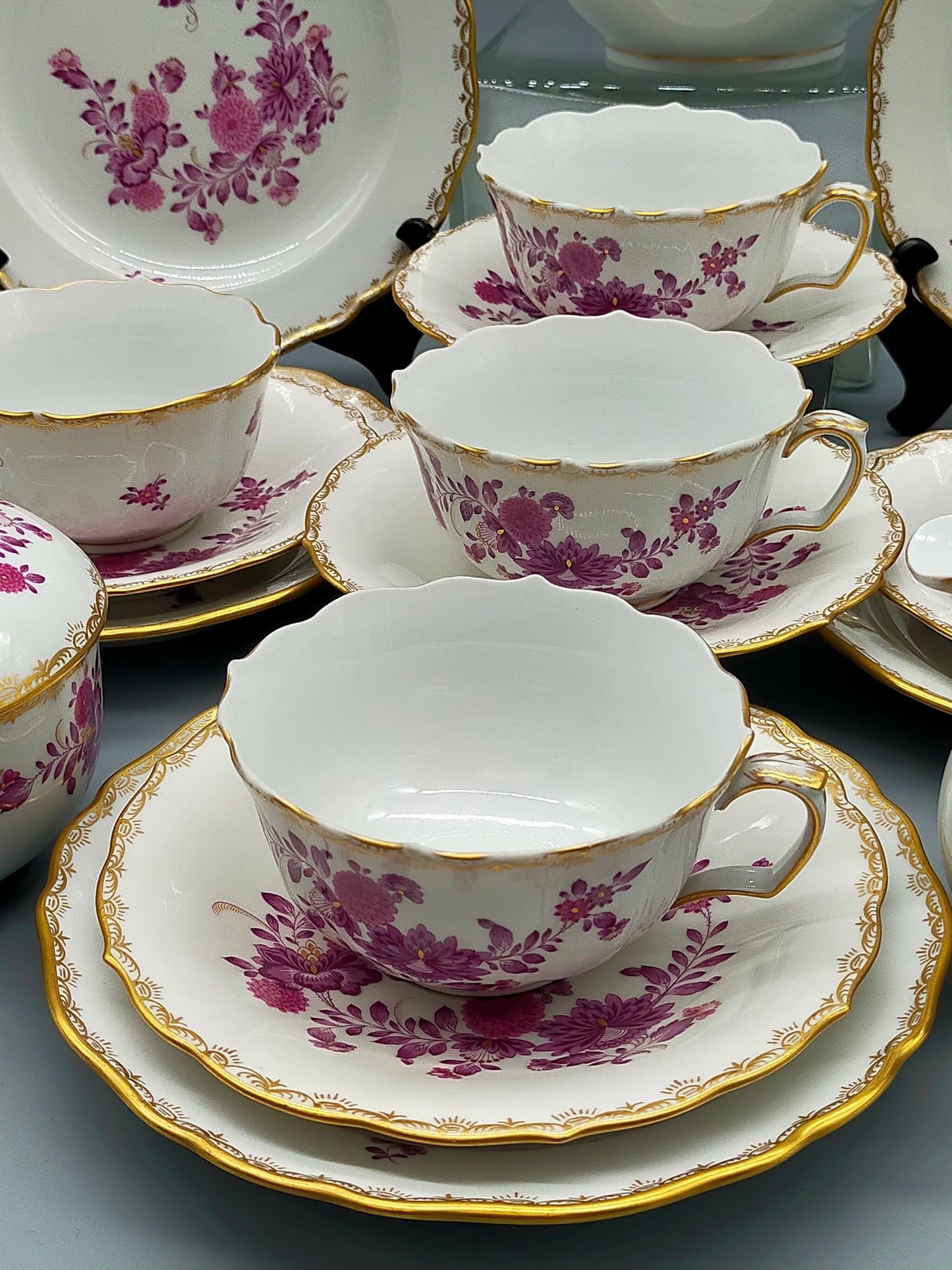 Seltenes Meissen Kaffeeservice Purpur Rose Reich Vergoldet für 5 Personen