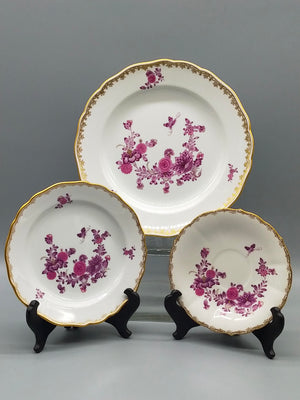 Meissen Purpur Rose Reich – 3er Set Prunk Teller mit Goldrand