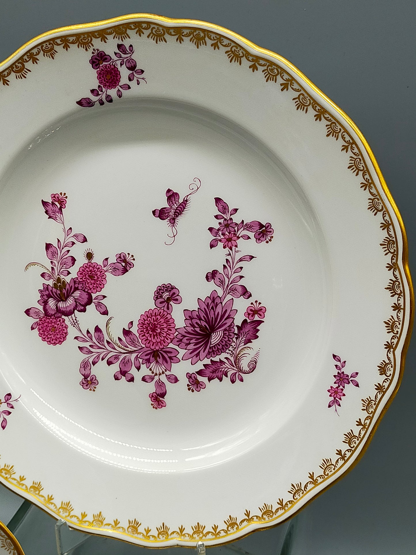 Meissen Purpur Rose Reich – 3er Set Prunk Teller mit Goldrand