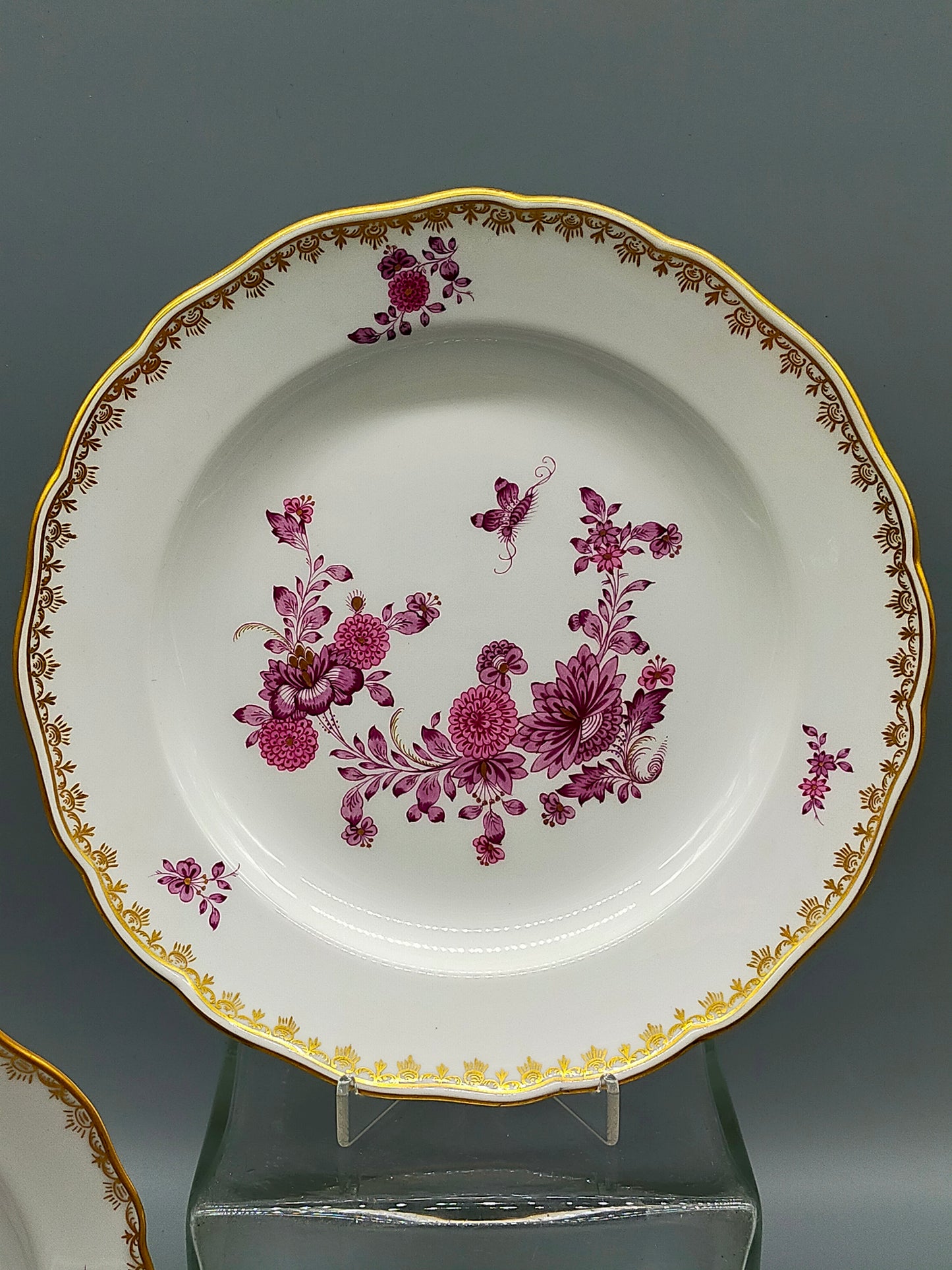 Meissen Purpur Rose Reich – 3er Set Prunk Teller mit Goldrand