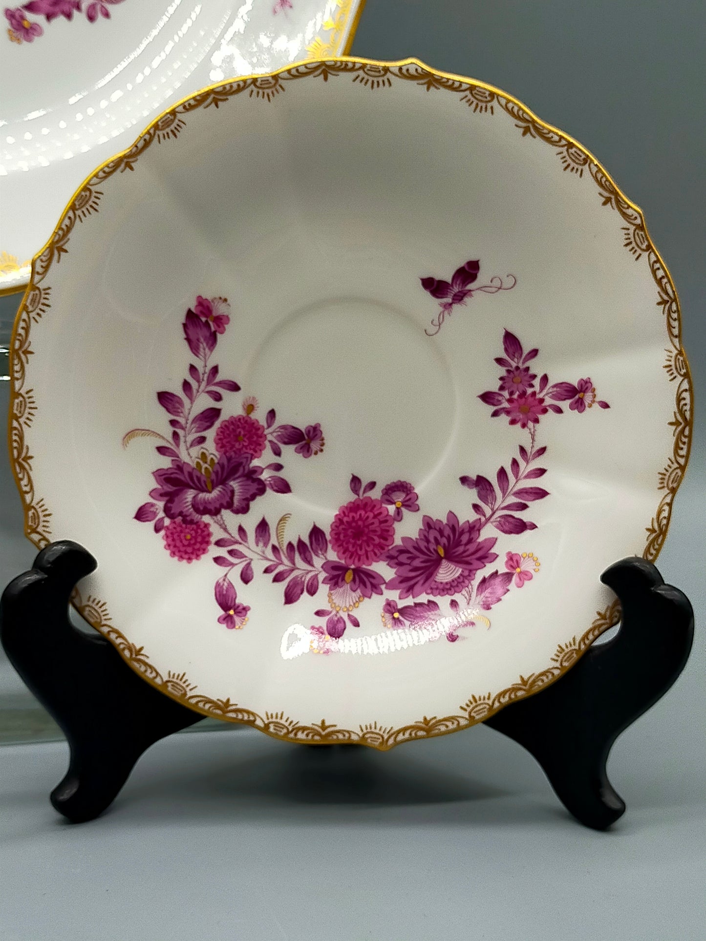 Meissen Purpur Rose Reich – 3er Set Prunk Teller mit Goldrand