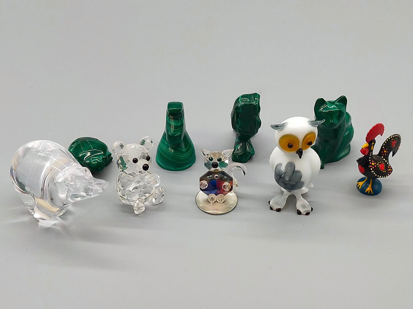 Konvolut Tierfiguren aus Kristall und Malachit 9 teiliges Set