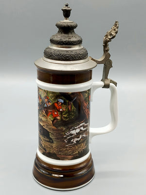 Rastal Bierkrug von 1977 – Detailreiches Jagdmotiv mit Zinndeckel