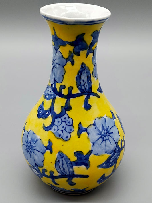 Klassische Keramik Vase in Gelb & Blau Florales Asiatisches Design