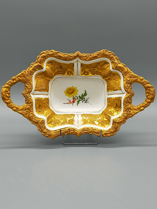 Seltene Meissen Prunkschale (1924) Goldrelief Blumendekor