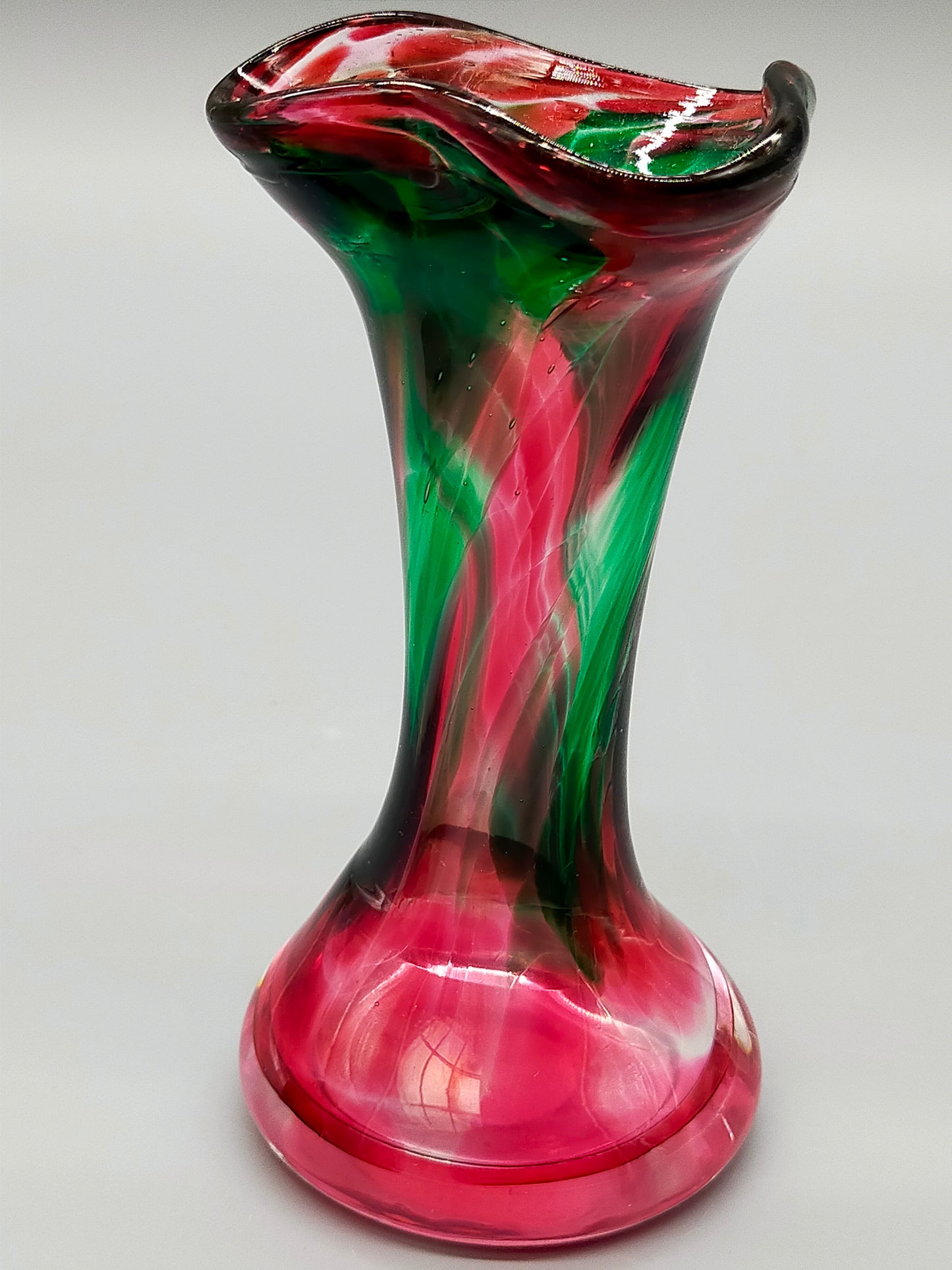 Farbenfrohe Vintage Murano Glasvase in Rot & Grün