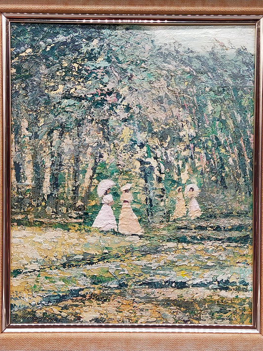 Spanische Schule J. Gimeno Guerri Elegante Damen im Park Ölgemälde