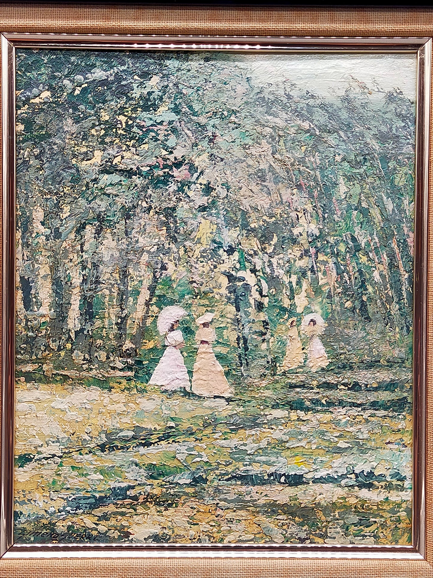 Spanische Schule J. Gimeno Guerri Elegante Damen im Park Ölgemälde