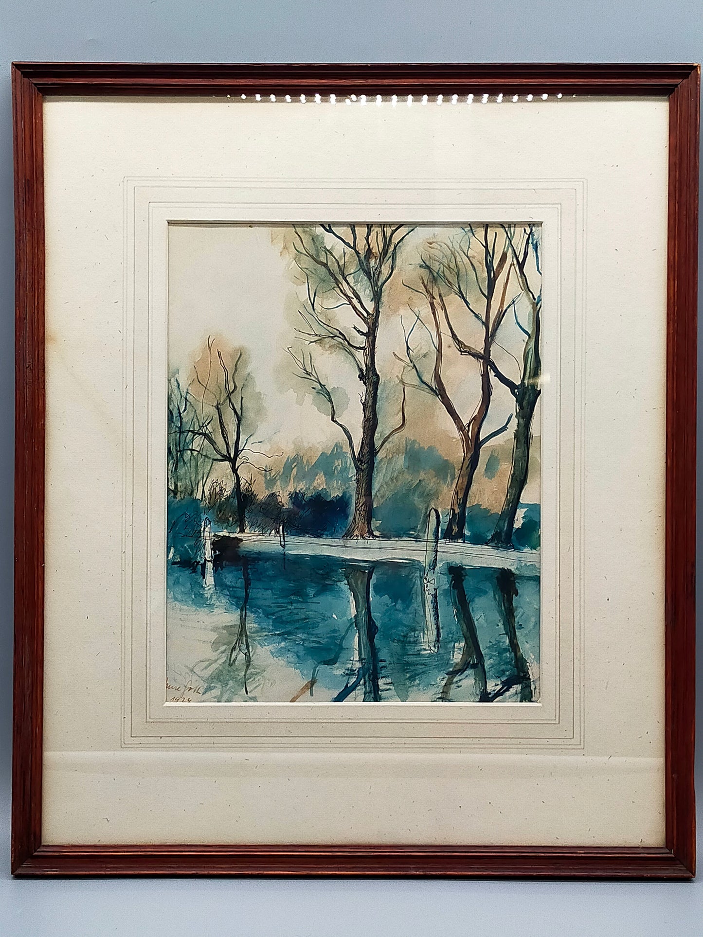 Englische Schule (XX) Flusslandschaft mit Bäumen 1924 Aquarell