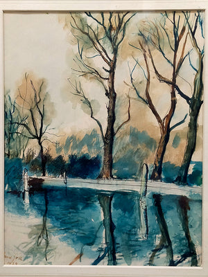 Englische Schule (XX) Flusslandschaft mit Bäumen 1924 Aquarell