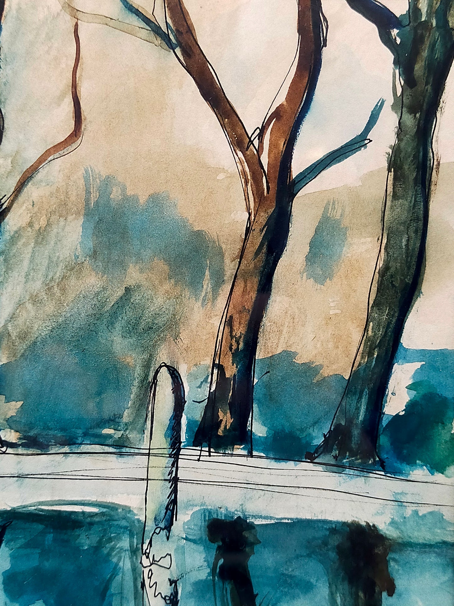 Englische Schule (XX) Flusslandschaft mit Bäumen 1924 Aquarell
