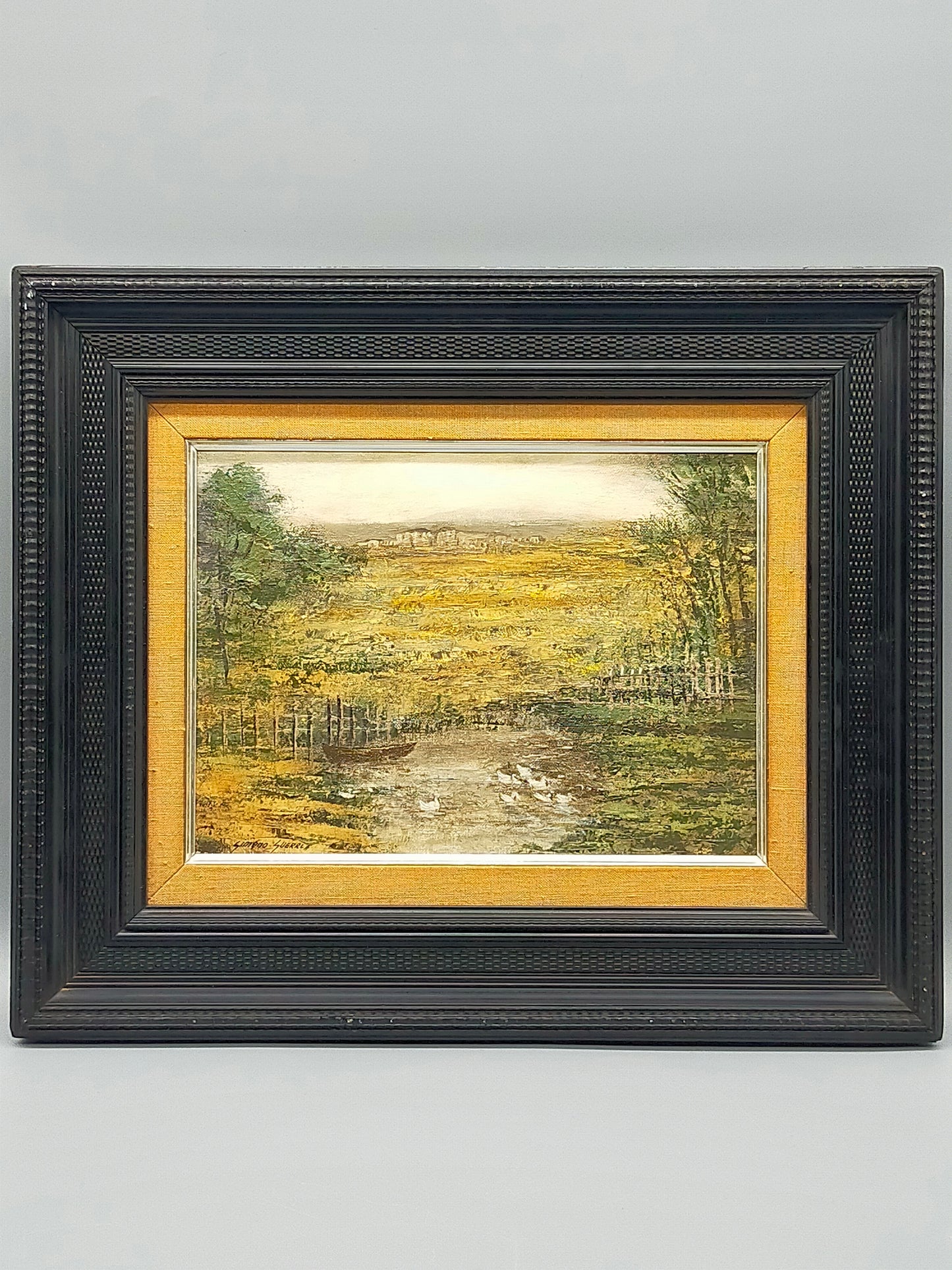 J. Gimeno Guerri Ölgemälde Idyllische Flusslandschaft mit Enten
