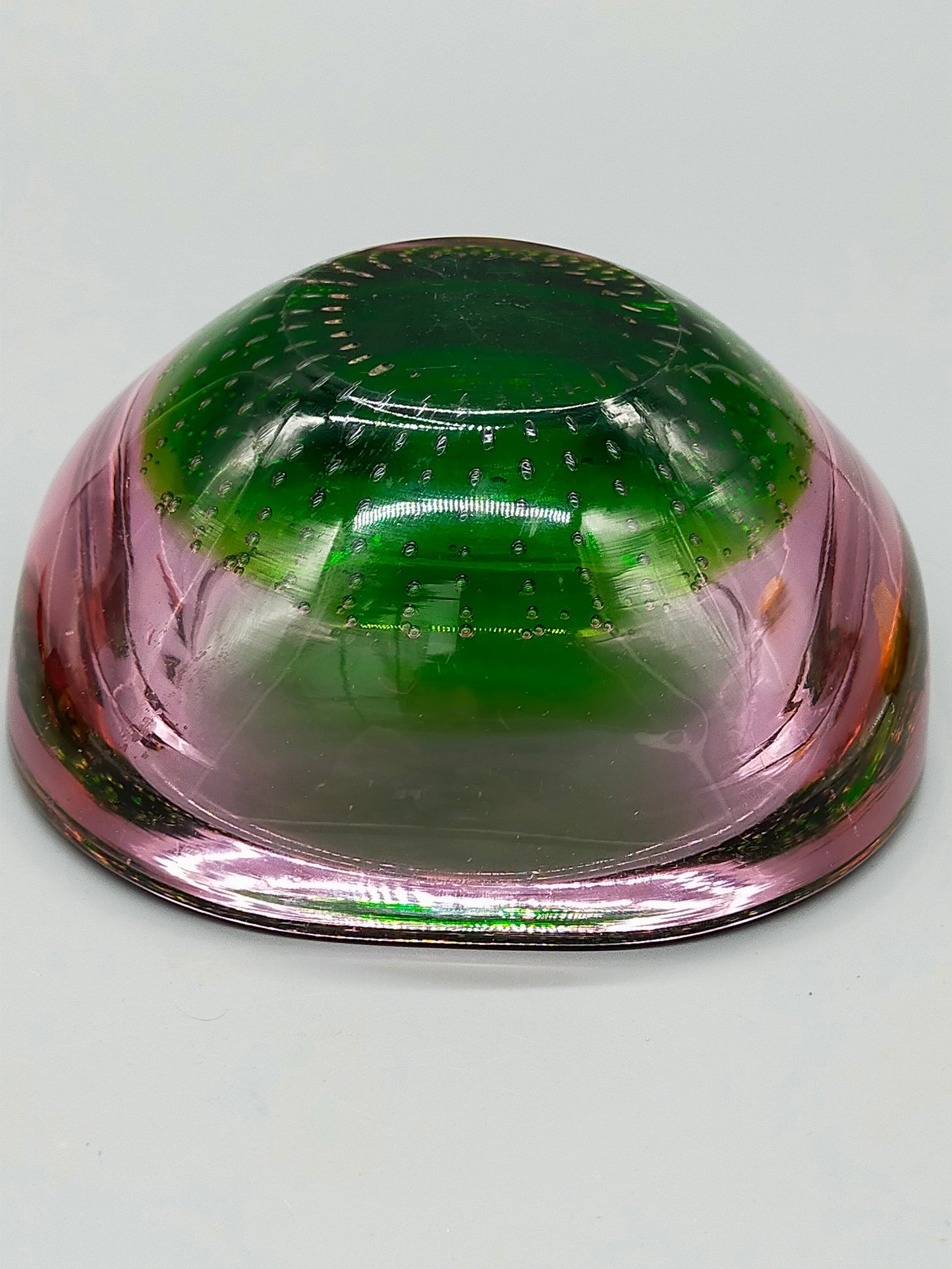 Vintage Murano Glass Schale Sommerso Bullicante in Grün & Rosa