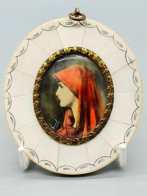 Antike Miniatur Portrait Malerei Elegante Dame mit rotem Schleier