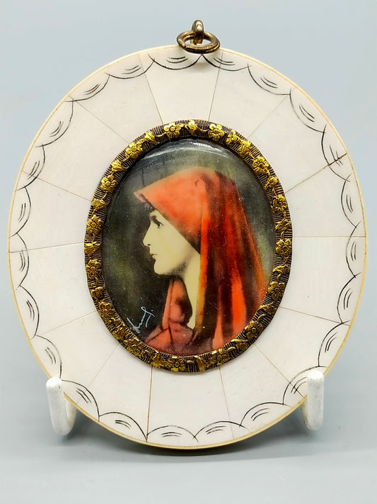 Antike Miniatur Portrait Malerei Elegante Dame mit rotem Schleier
