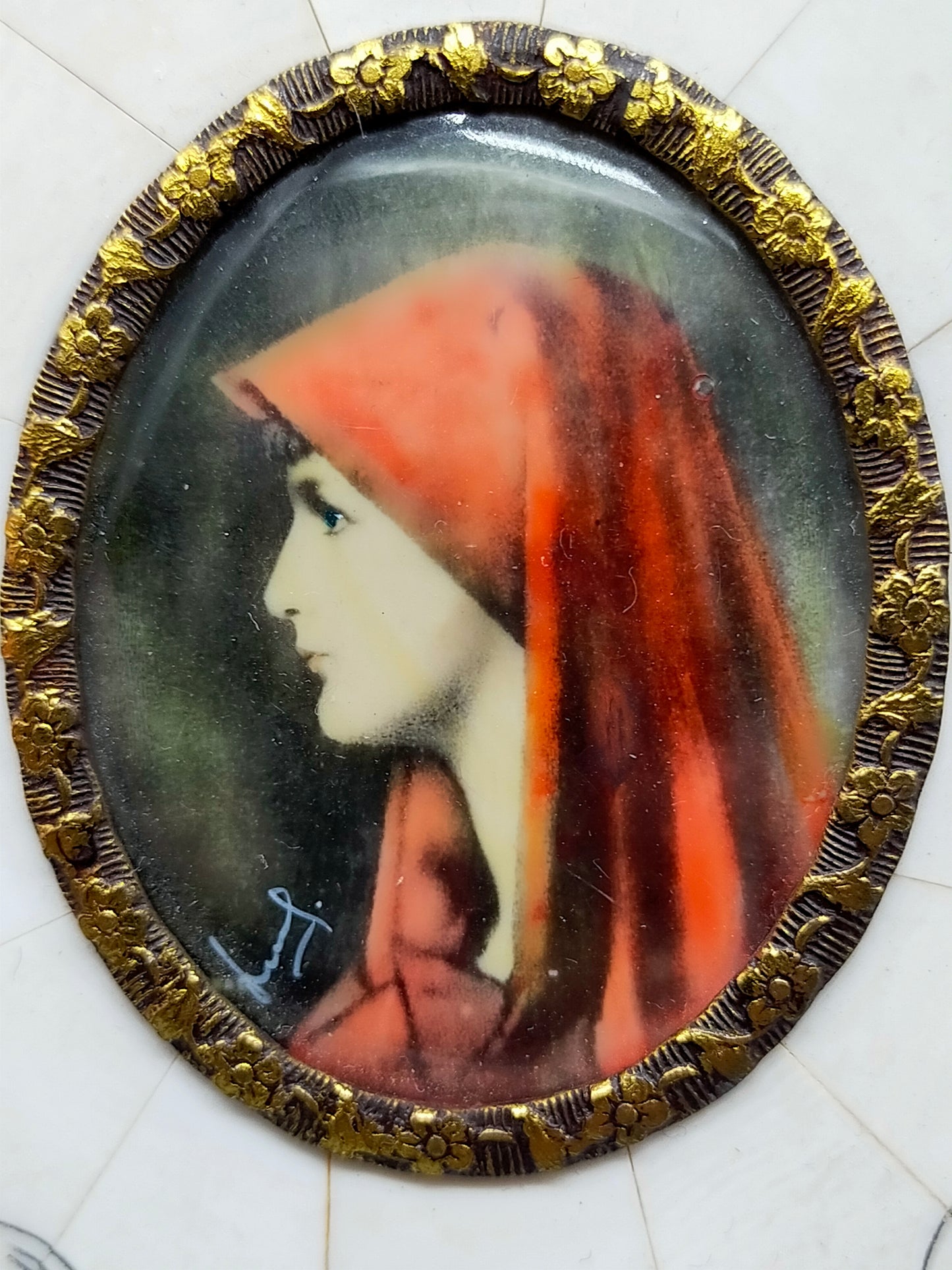Antike Miniatur Portrait Malerei Elegante Dame mit rotem Schleier
