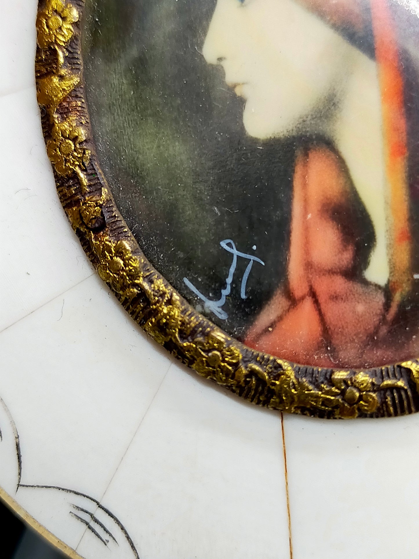 Antike Miniatur Portrait Malerei Elegante Dame mit rotem Schleier