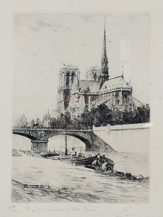 Französische Schule (XX) Blick auf Notre-Dame Radierung