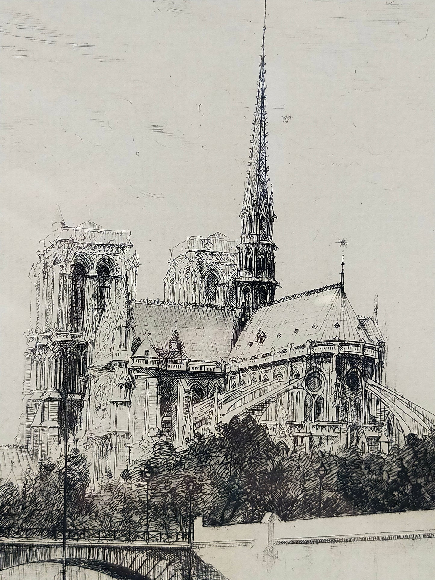 Französische Schule (XX) Blick auf Notre-Dame Radierung