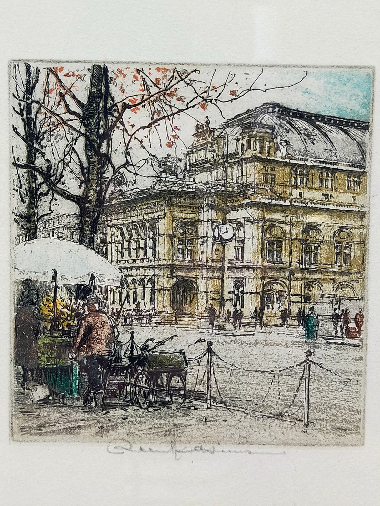 Robert Kasimir Wiener Staatsoper mit Blumenmarkt Radierung