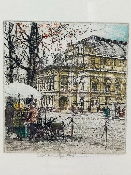 Robert Kasimir Wiener Staatsoper mit Blumenmarkt Radierung