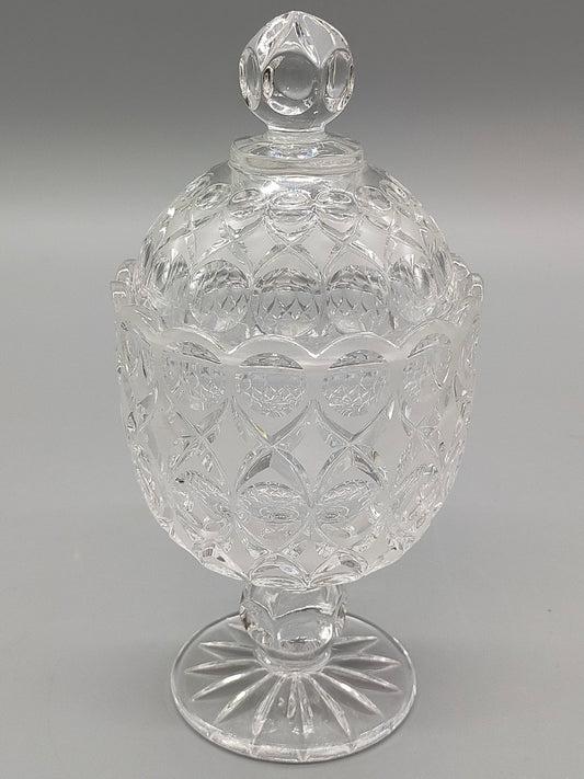 Antiker Tiffin King's Crown Glaspokal mit Deckel Vintage Bonboniere