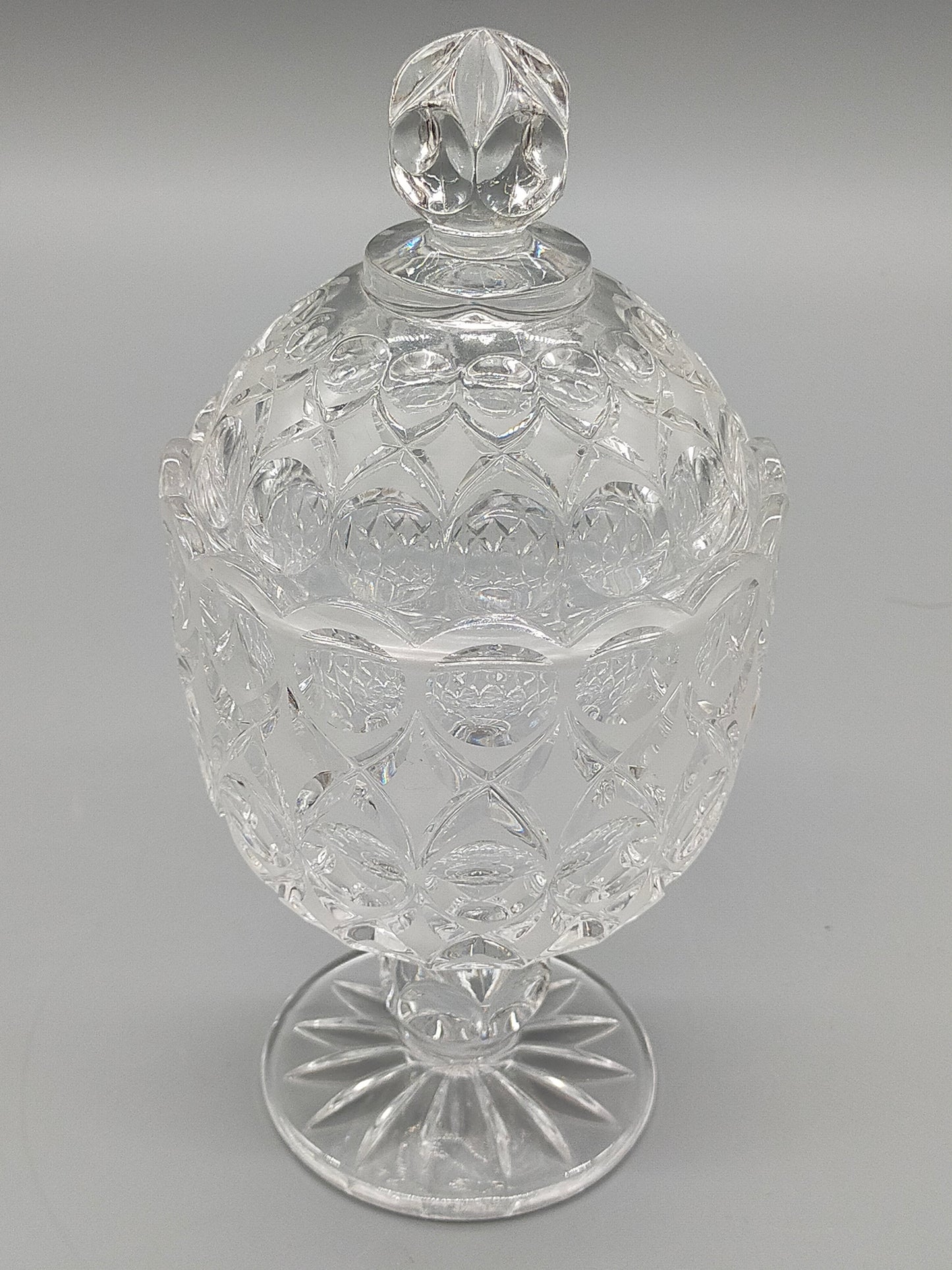 Antiker Tiffin King's Crown Glaspokal mit Deckel Vintage Bonboniere