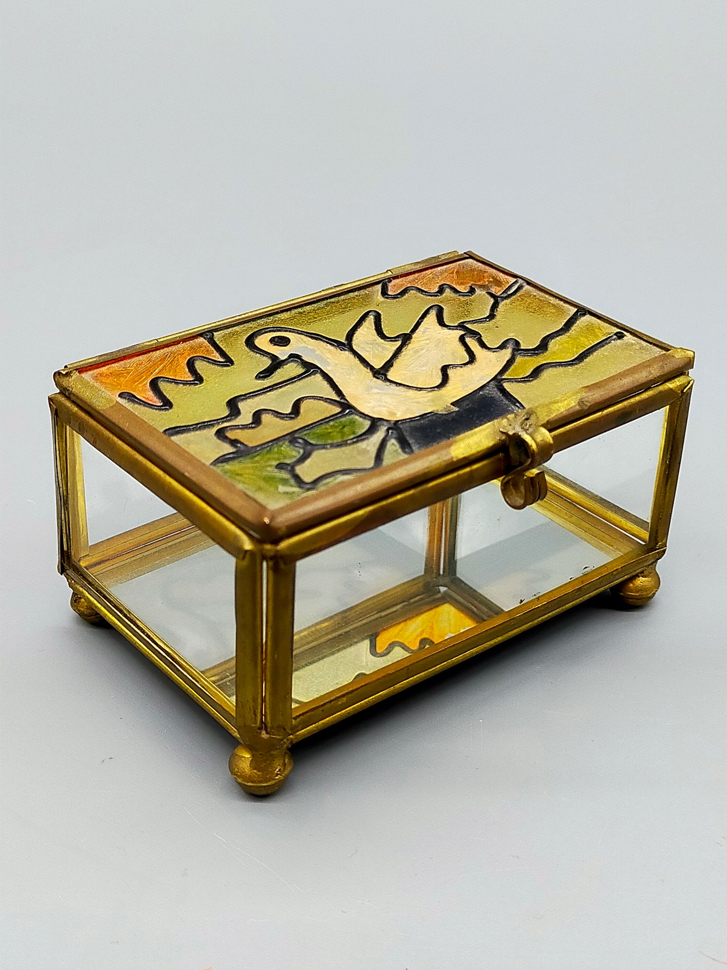 Antike Glas Schatulle mit Vogel Motiv Messing Schmuckkästchen