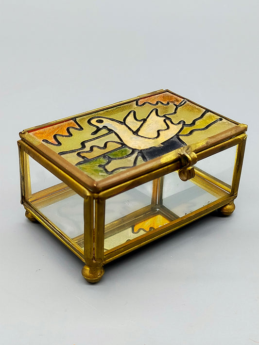 Antike Glas Schatulle mit Vogel Motiv Messing Schmuckkästchen