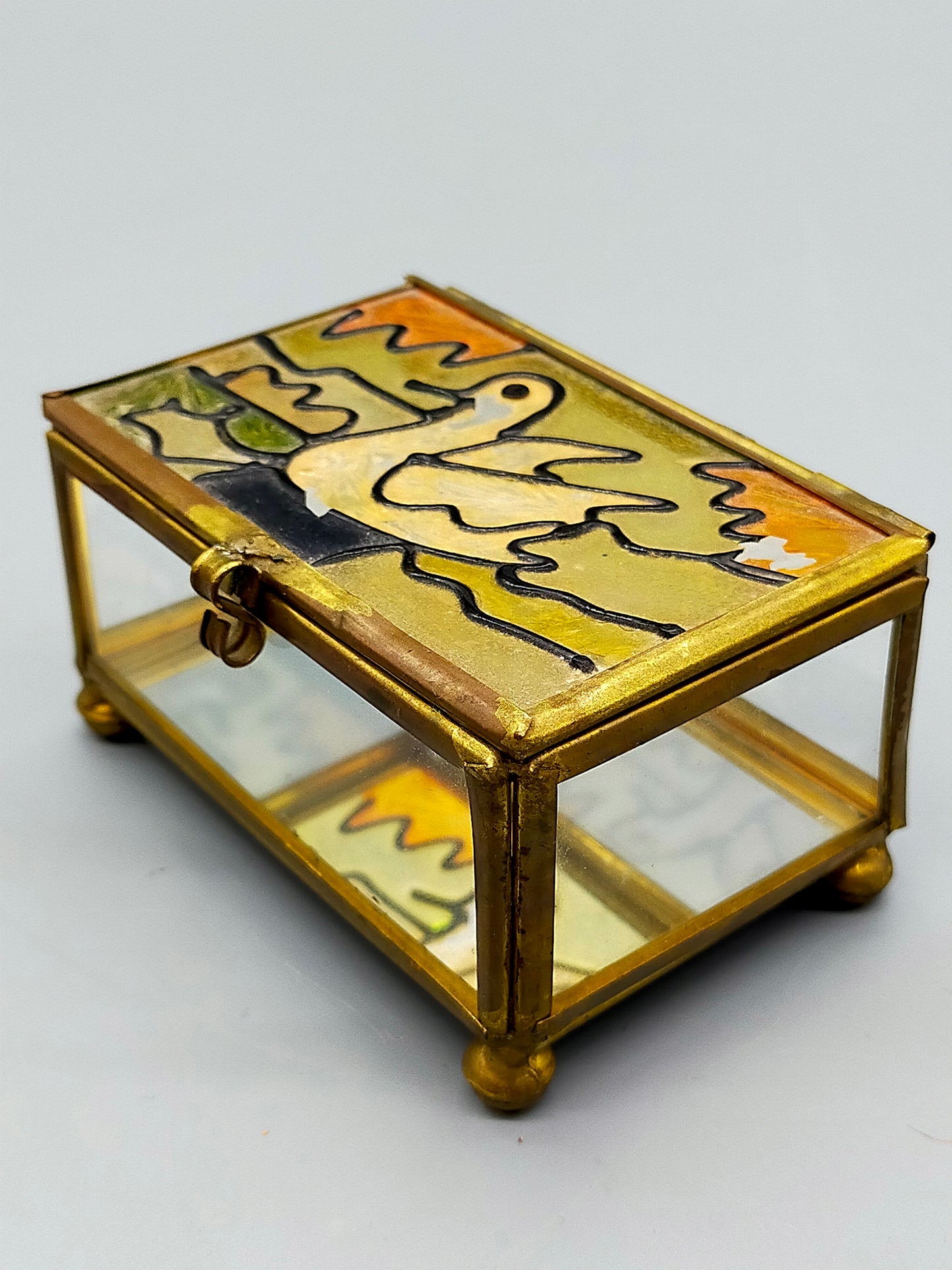 Antike Glas Schatulle mit Vogel Motiv Messing Schmuckkästchen