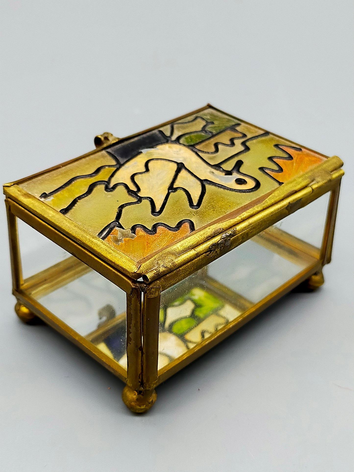 Antike Glas Schatulle mit Vogel Motiv Messing Schmuckkästchen