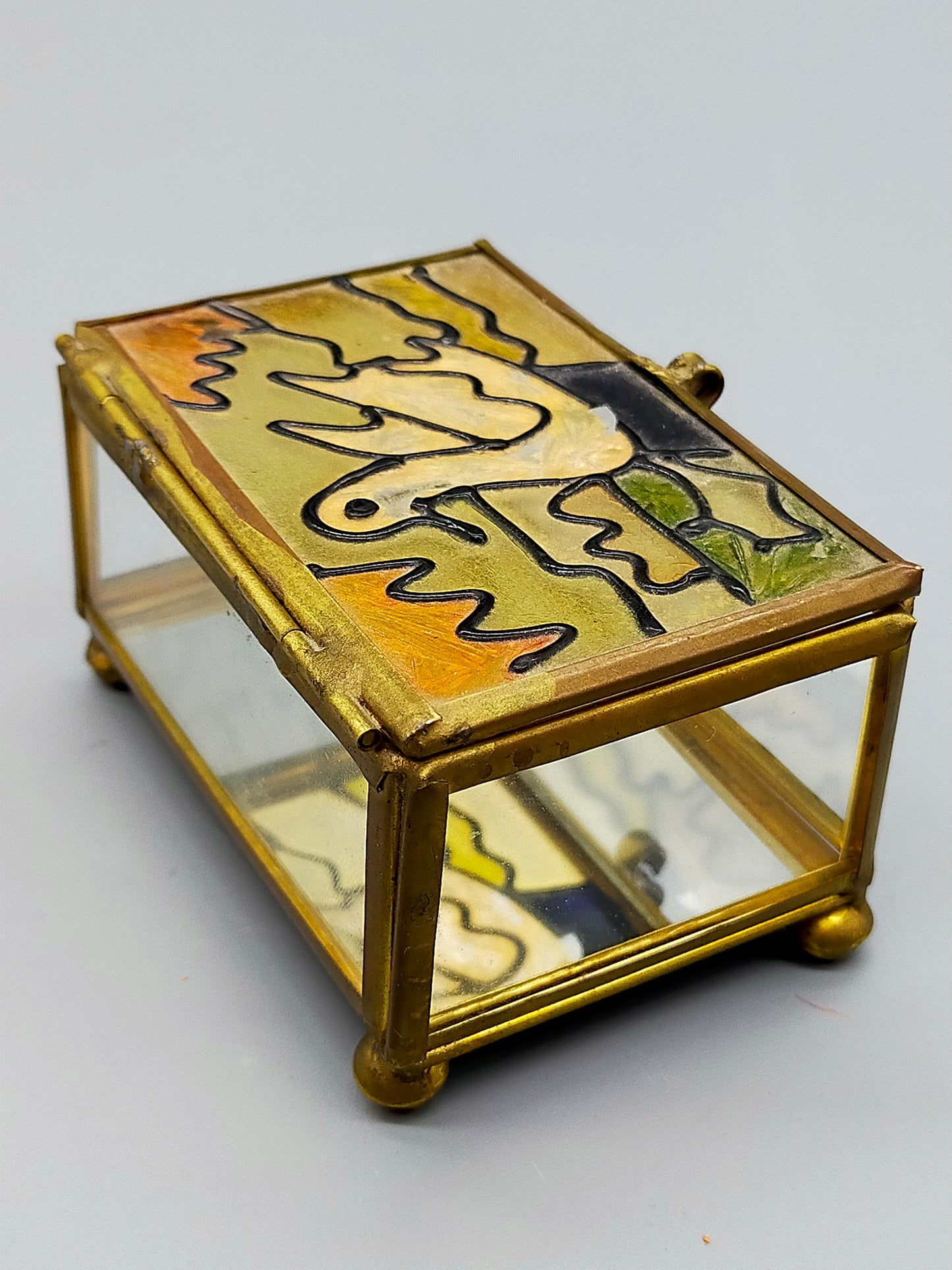 Antike Glas Schatulle mit Vogel Motiv Messing Schmuckkästchen