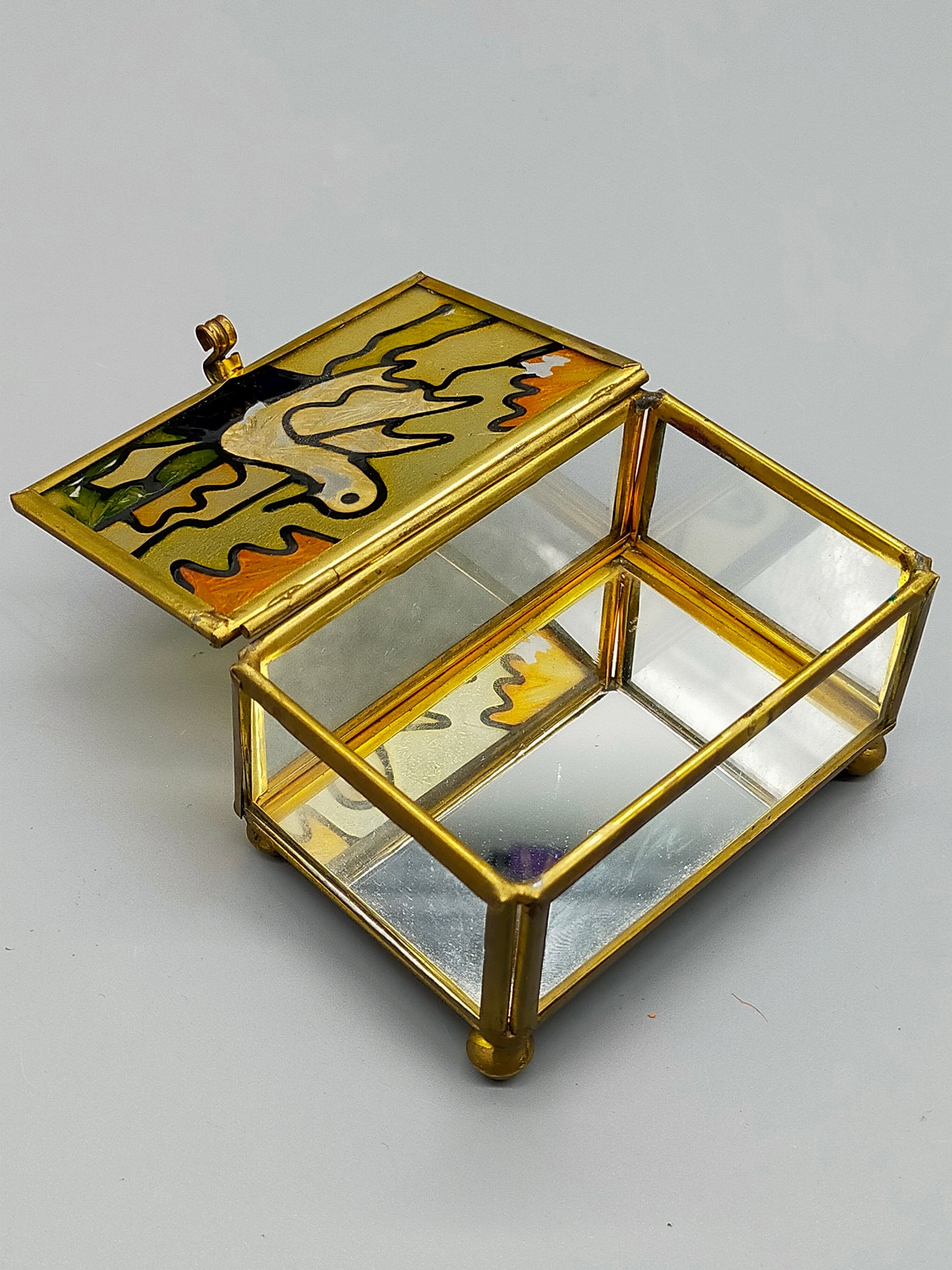 Antike Glas Schatulle mit Vogel Motiv Messing Schmuckkästchen