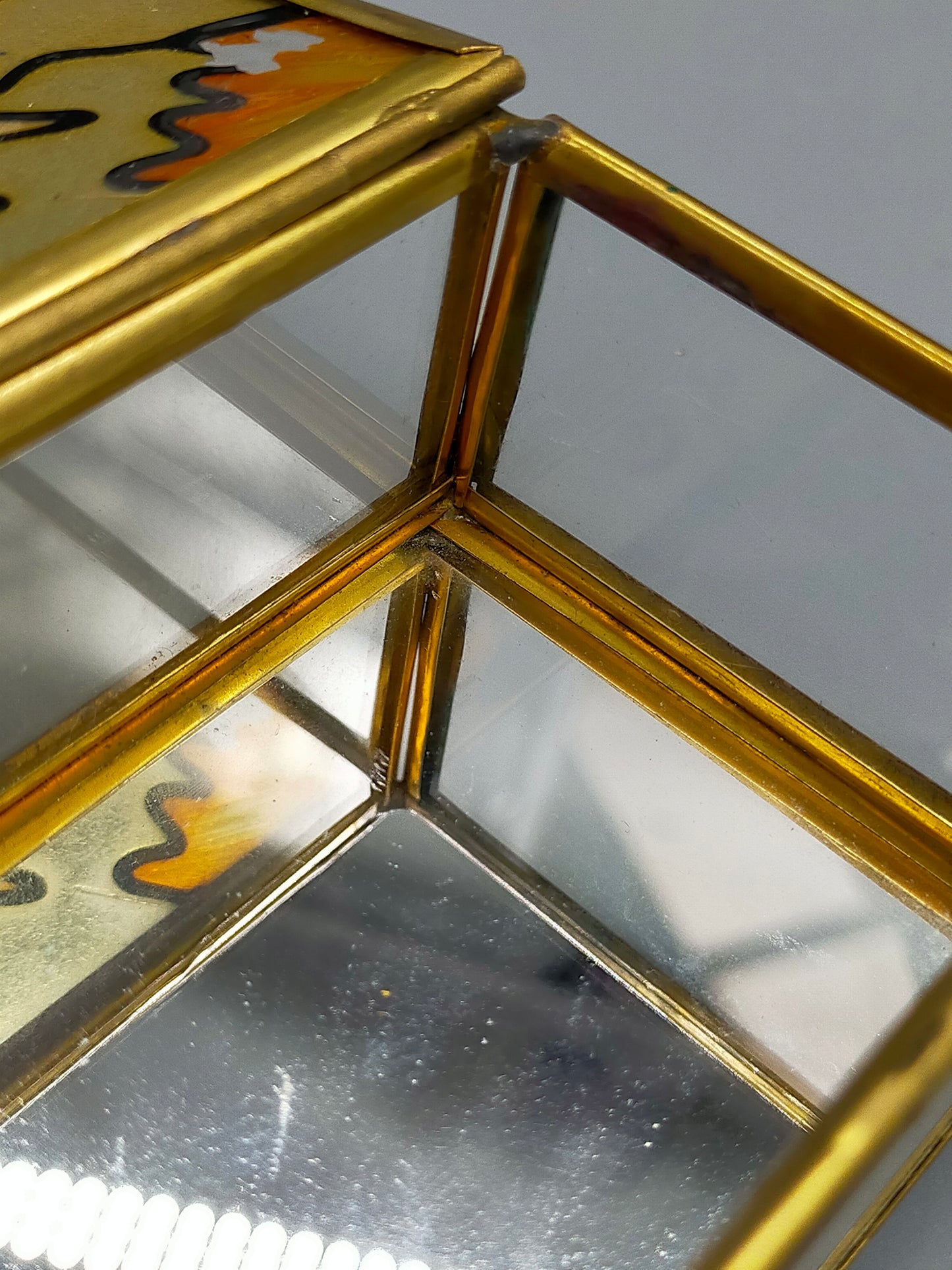 Antike Glas Schatulle mit Vogel Motiv Messing Schmuckkästchen