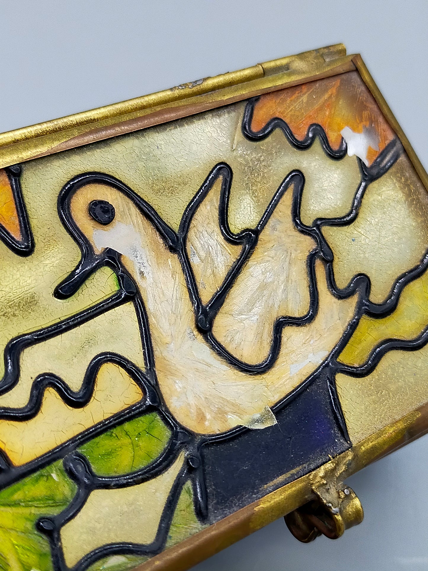 Antike Glas Schatulle mit Vogel Motiv Messing Schmuckkästchen