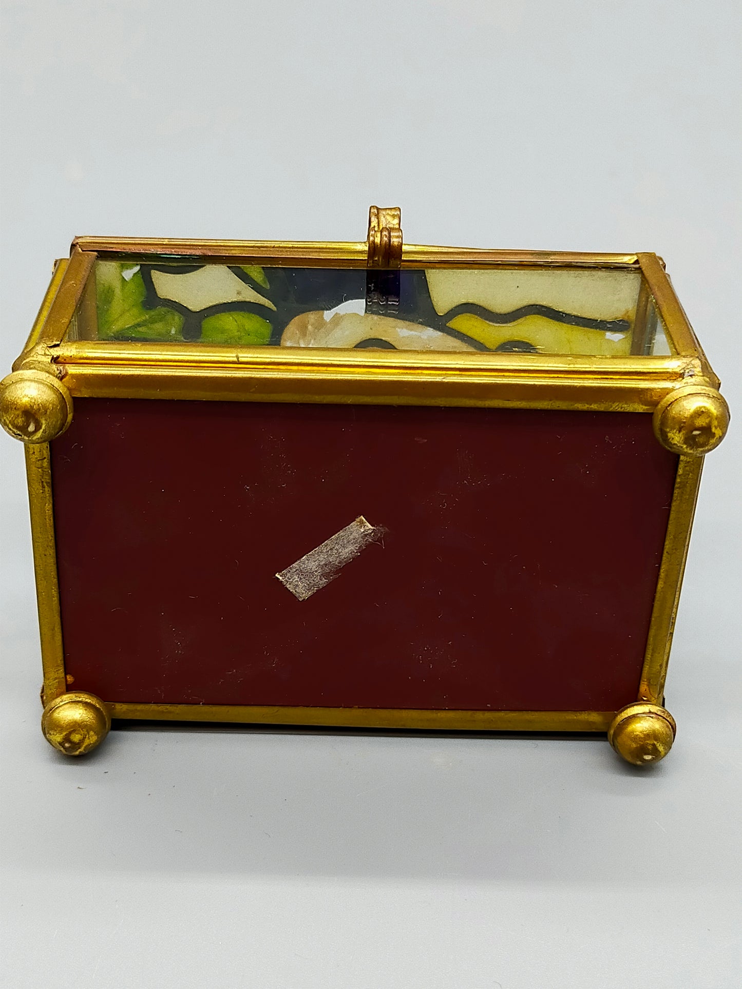 Antike Glas Schatulle mit Vogel Motiv Messing Schmuckkästchen