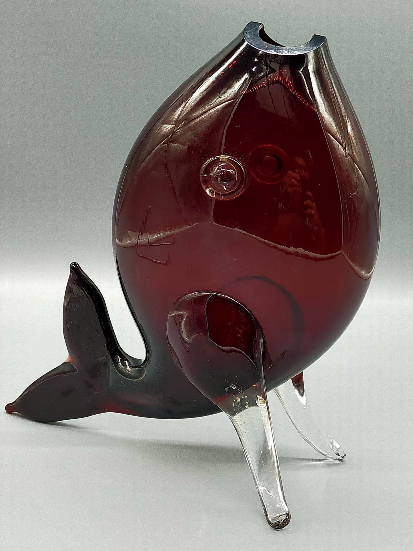 Vintage Murano Stil Glas Vase Fisch Rubinrot mit klaren Flossen