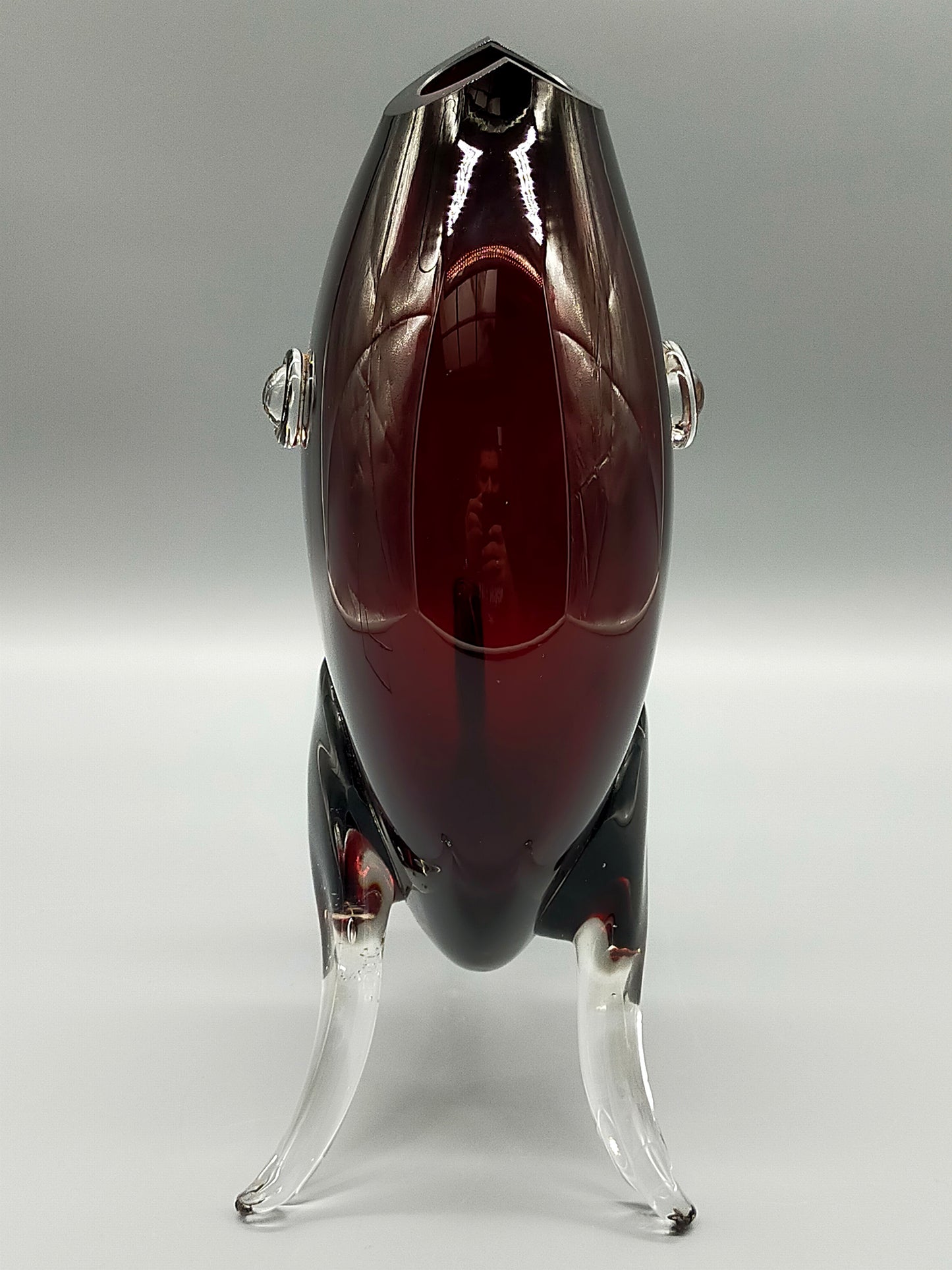 Vintage Murano Stil Glas Vase Fisch Rubinrot mit klaren Flossen