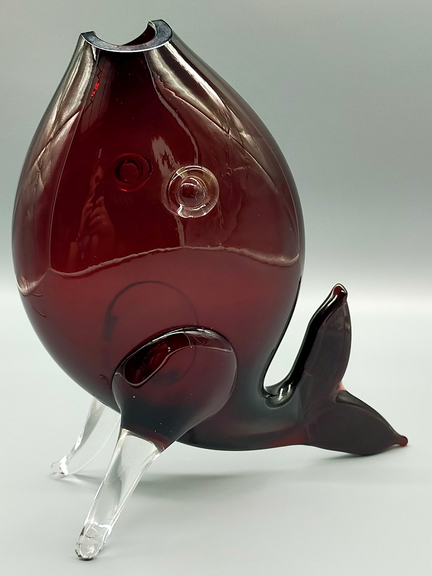 Vintage Murano Stil Glas Vase Fisch Rubinrot mit klaren Flossen