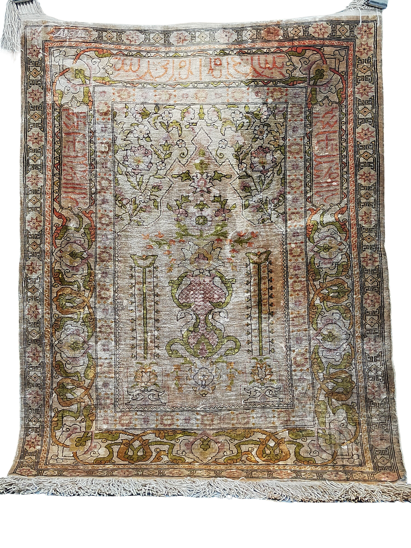 Antik Türkei Hereke Lebensbaum Gebetsteppich Seide auf Seide - 74 x 55,5cm
