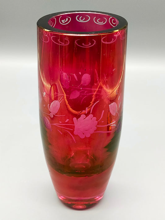 Edle Vintage Glas Vase Rotes Kristallglas mit Blumen-Dekor