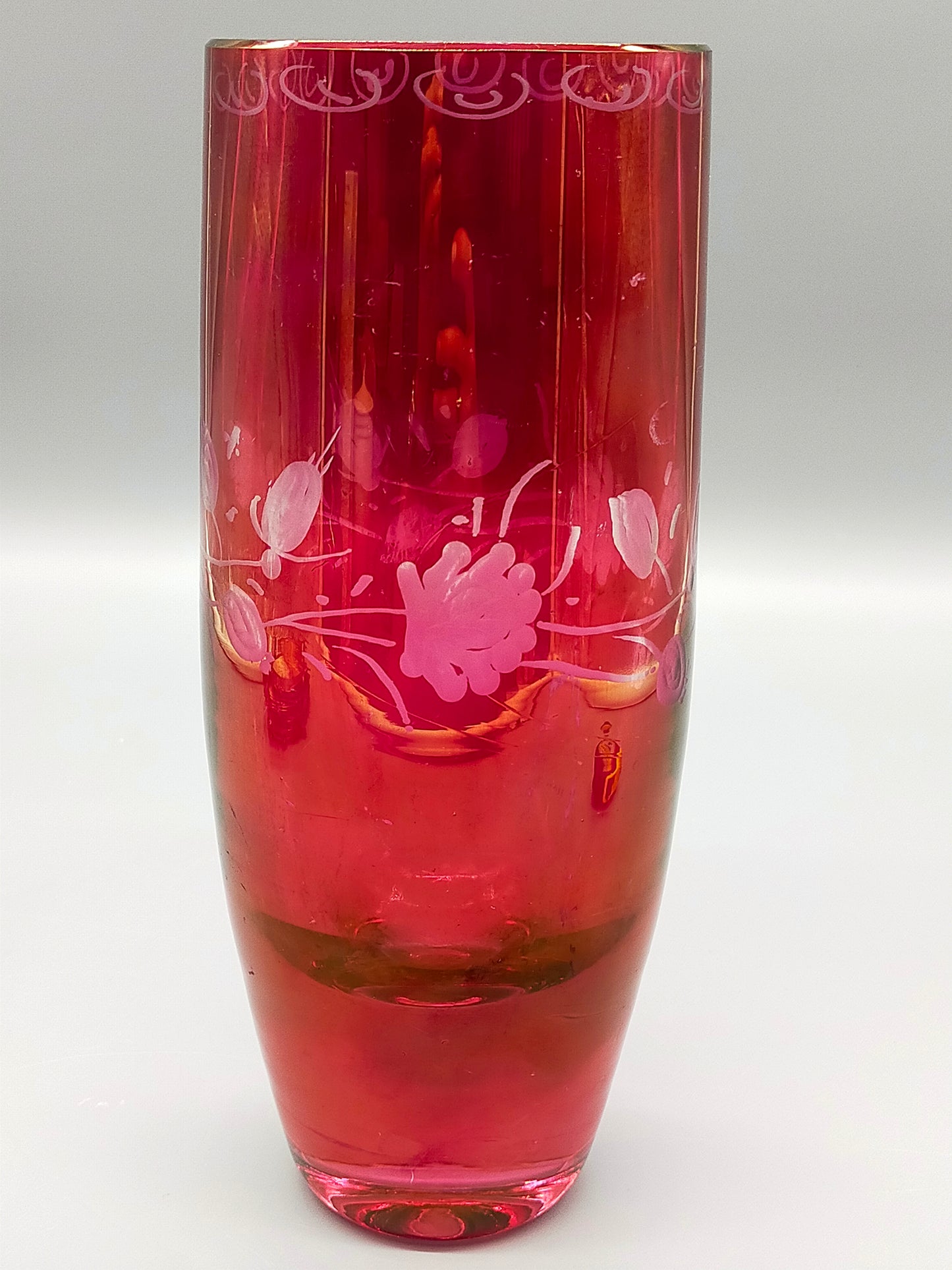 Edle Vintage Glas Vase Rotes Kristallglas mit Blumen-Dekor
