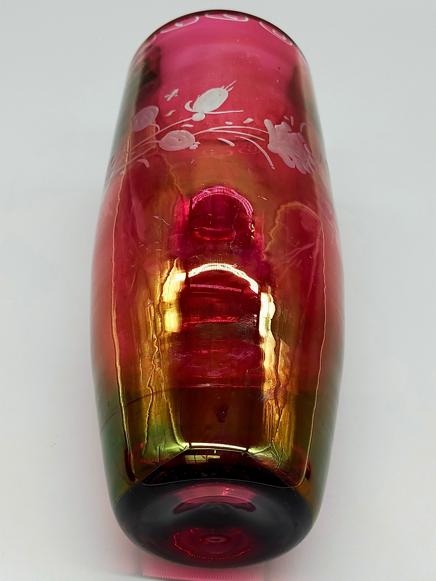 Edle Vintage Glas Vase Rotes Kristallglas mit Blumen-Dekor