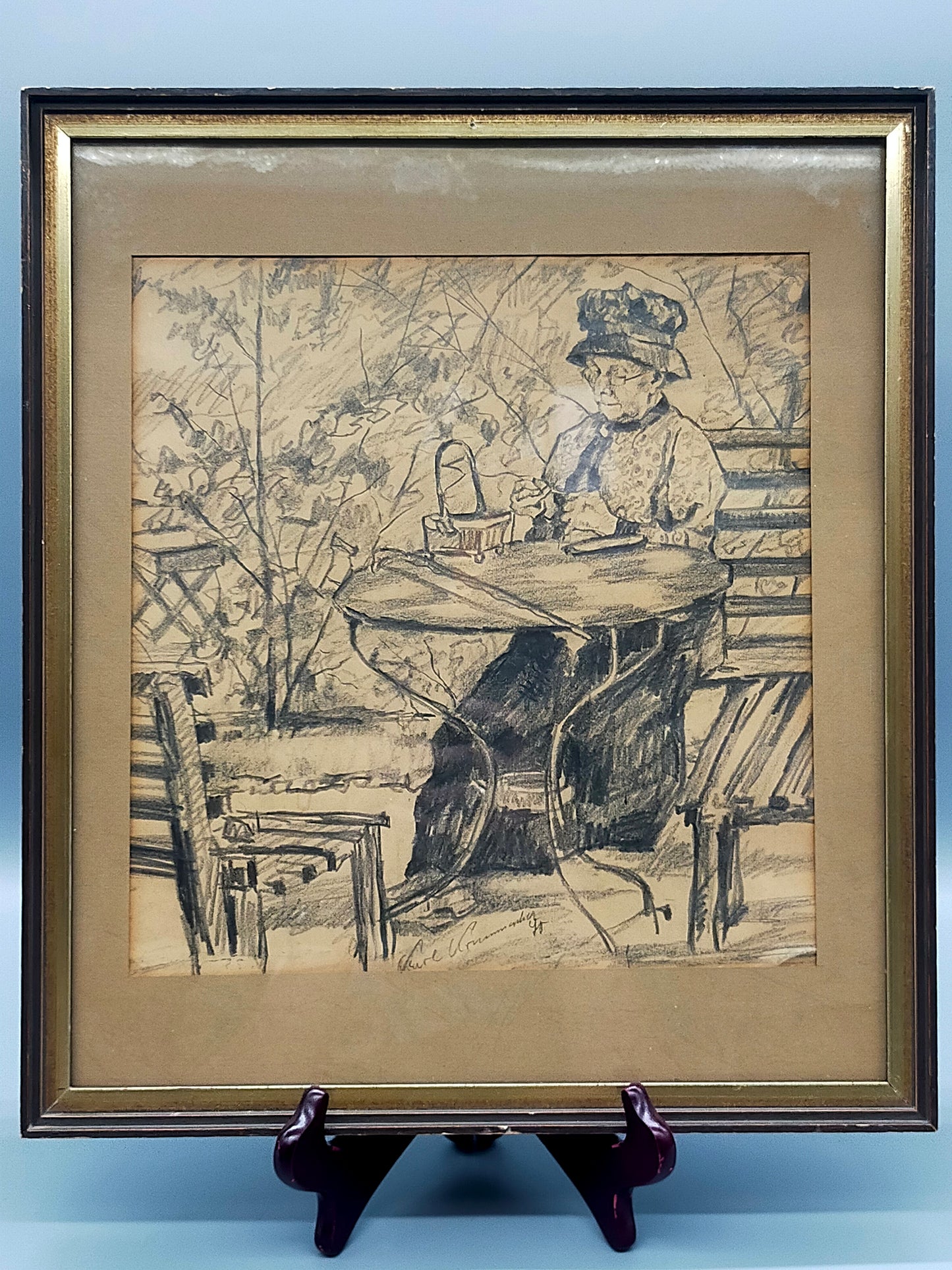 Original Zeichnung von Karl Krummacher Ältere Dame im Garten
