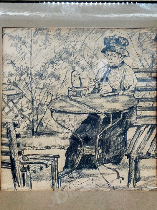 Original Zeichnung von Karl Krummacher Ältere Dame im Garten