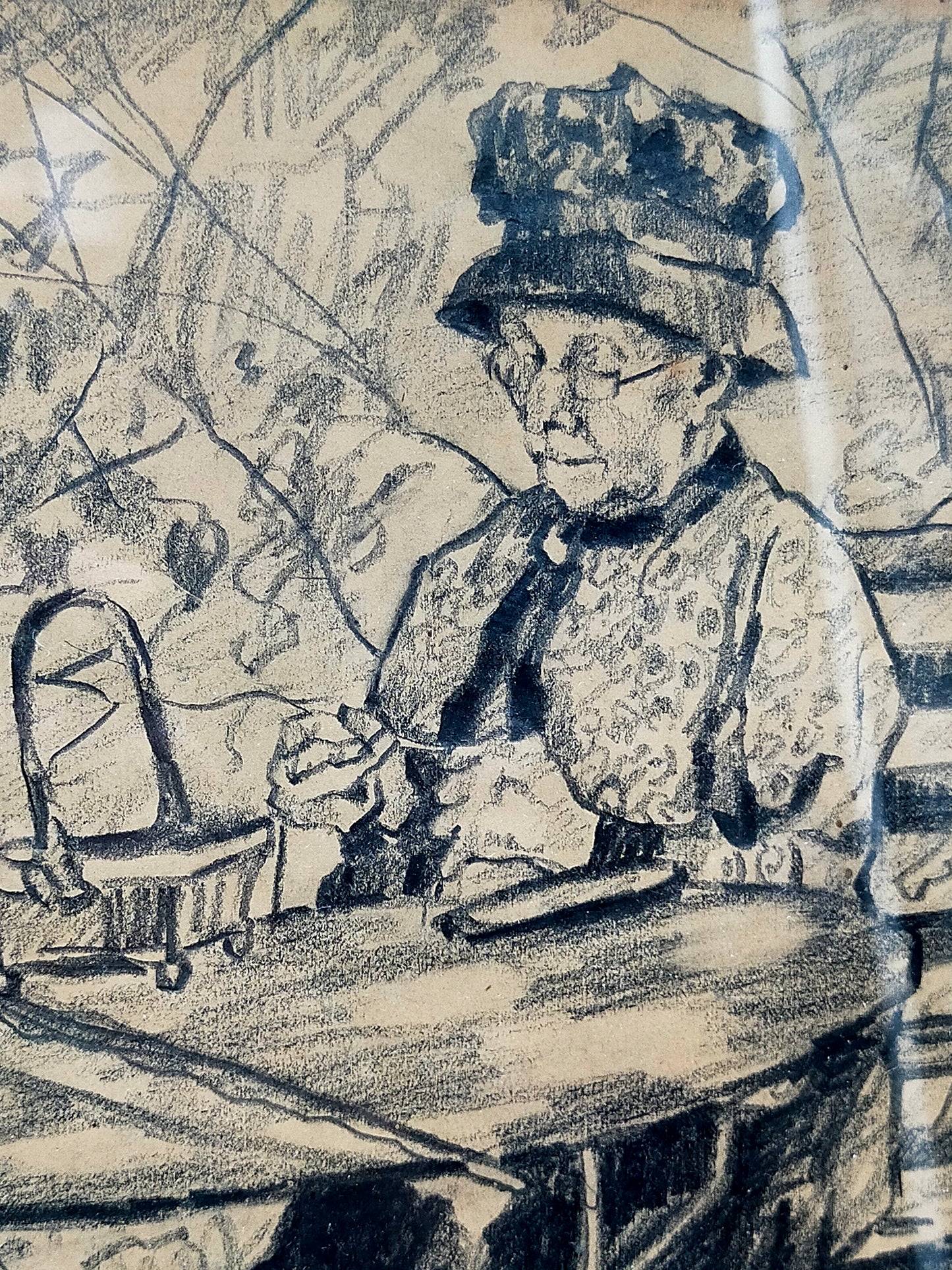 Original Zeichnung von Karl Krummacher Ältere Dame im Garten